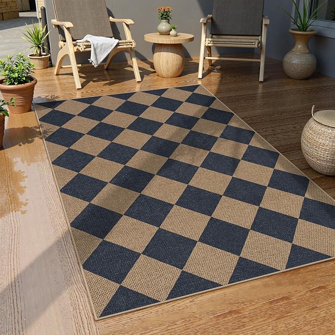 Lahome Checkered Easy Jute Entryway Rug, 3x5 Washable Area Rugs for Living Room Outdoor Patio, Non Slip Blue Indoor Door Mat Checkerboard Throw Carpet for Entry Front Door Guestroom Deck