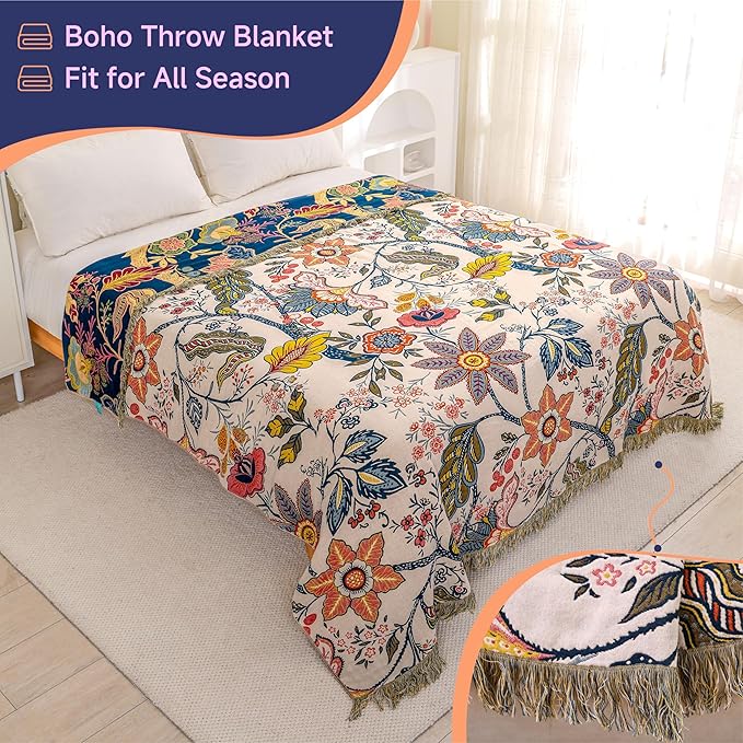 Boho Cotton Throw Blanket - Ultra-Soft Rustic Quilt for Bed, Home Decor & Travel - Large 90"x98" Muslin Blanket - All-Season Lightweight Bedspread & Throw for Women & Moms