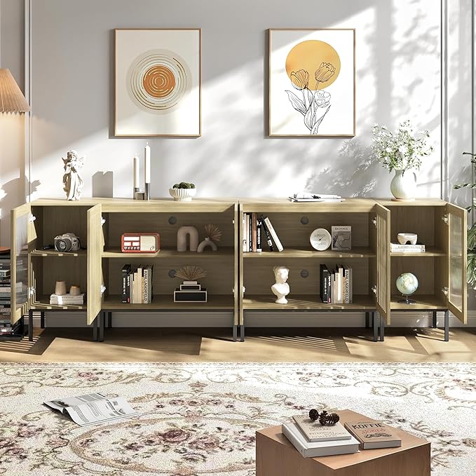 Farmhouse TV Stand for TVs up to 100 Inch, Entertainment Center TV Console with Storage Cabinets and Glass Doors,Media Console for Living Room,Oak