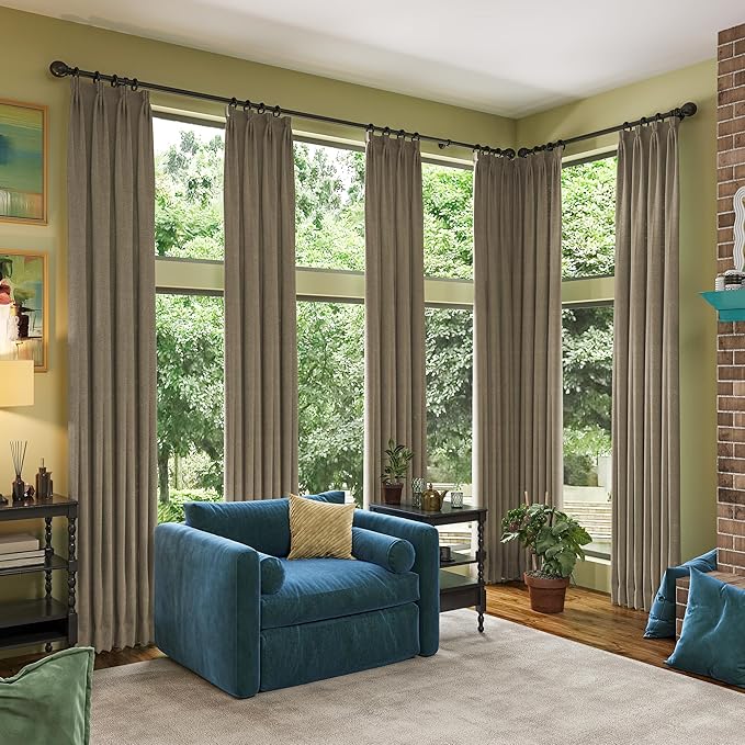 RAIN CITY Linen Brown Blackout Curtains 144 Inch Long 12ft Pleated Look Hidden Tab Drapes with Hooks 2 Story Linen Blend Sound Reducing Wall Tall Curtains for High Ceiling Long Window W50xL144