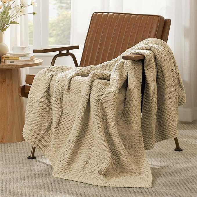 Amélie Home Chenille Knit Throw Blanket for Couch, Checkered Texture Decorative Soft Blanket for Sofa, Bed & Living Room, 50"x60", Beige