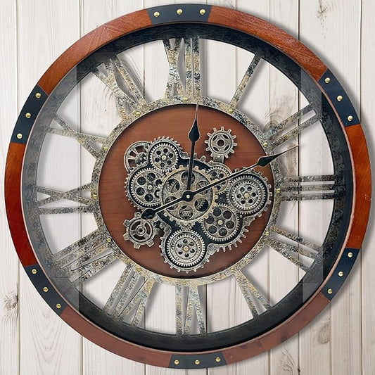 DORBOKER 30" Original Moving Gears Wall Clock, Large Industrial Wall Clock for Living Room Decor, Retro Wood Vintage Farmhouse Steampunk Rustic Clocks for Wall Decor,Black Walnut