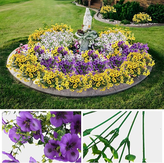 18 Bundles Artificial Fake Pansy Flowers for Outdoor, Faux UV Resistant Silk Pansies Flowers for Outside Planter Front Door Porch Yard Patio Window Box Home Decor (18, Purple, Yellow, White)