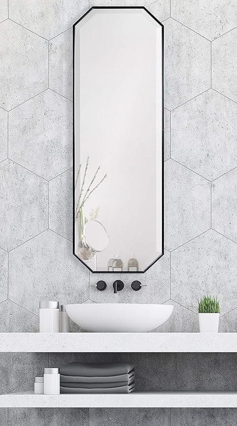 Kate and Laurel Rhodes Modern Full Length Octagon Wall Mirror, 16 x 48, Black, Decorative Glam Geometric Wall Accent