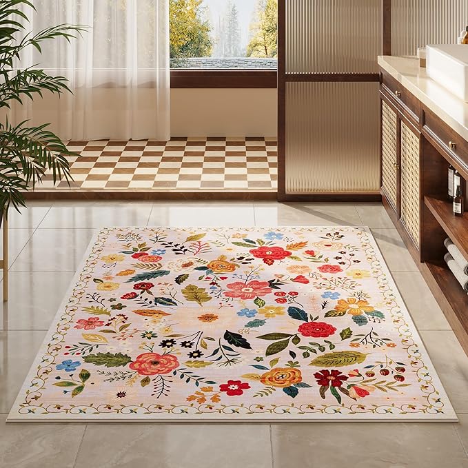 Bedroom Rug 3x5 Rug Washable Area Rug Non Slip Low Pile Boho Floral Small Carpet for Bedroom, Bedside, Kitchen, Entryway, Kids Room, Office, College Dorm Essentials for Girls(Beige)