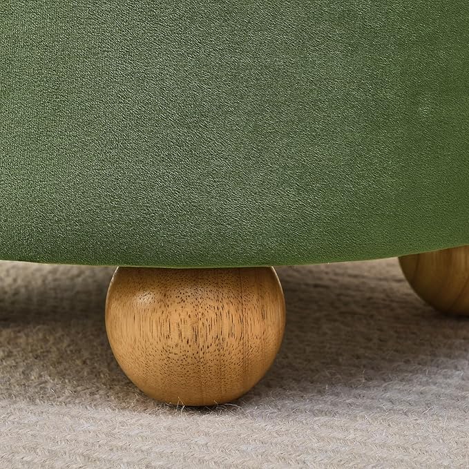Furniliving Upholstered Button Tufted Round Ottoman, Velvet Storage Ottomans Round, Removable Lid Convenient Footstools, Bedroom Ottoman with Storage for Vanity, Living Room, Green