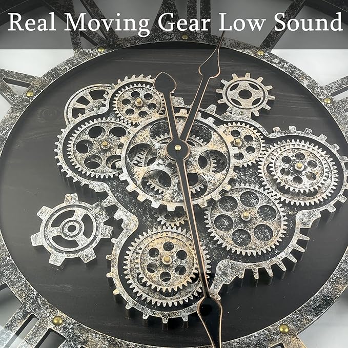 30 Inch Industrial Steampunk Wall Clock, Oversized Solid Wood Frame, Battery Operated, Large Wall Clock with Real Rotating Gears, Black
