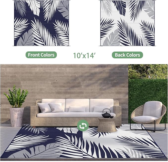 GENIMO Outdoor Rug 10' x 14' Waterproof for Patios Clearance, Reversible Outdoor Plastic Straw Camping Rug Carpet, Large Area Rugs Mats for RV, Camper, Deck, Balcony, Porch, Beach, Navy Blue&White