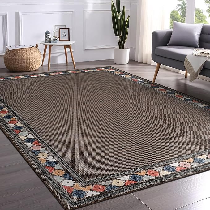 Beverly Rug Outdoor Rug 8x10 Modern Bordered Area Rugs for Indoor and Outdoor Patio Easy to Clean Non Shedding Living Room Porch Garden Washable Outside Carpet (8 x 10 Brown)