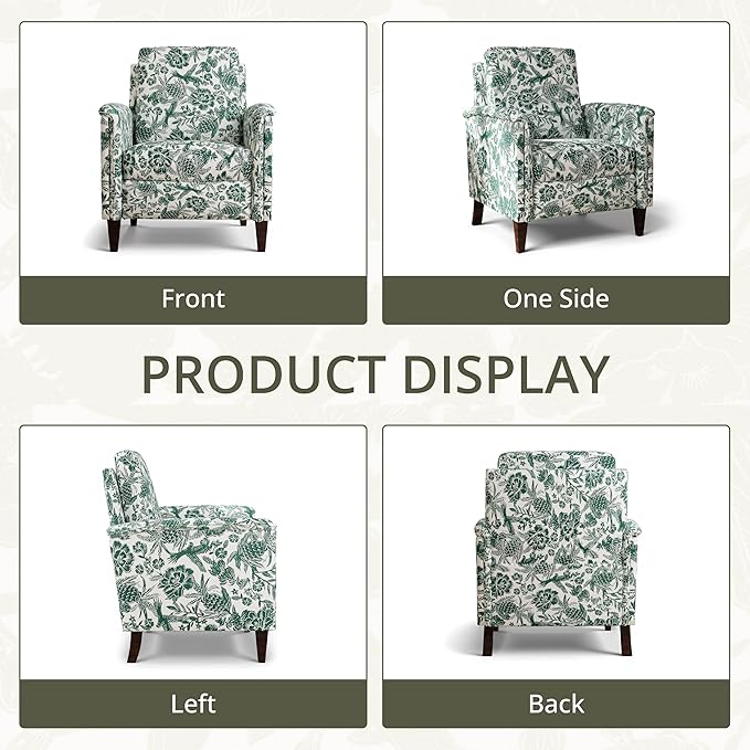 Floral Accent Chair Set of 2, High Back Upholstered Armchair with Solid Wooden Legs, Padded Armrest and Removable Comfortable Cushioned Seat Single Sofa for Living Room, Bedroom, Green
