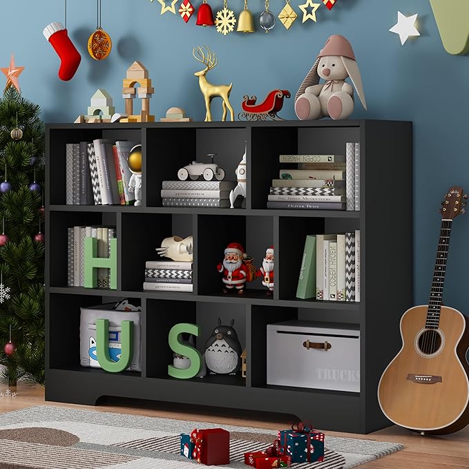 Book Shelf, 10 Cubes Storage Organizer, 3-Tier Open Shelf Wooden Bookcase, Freestanding Balck Bookshelf Cube Shelf for Bedroom, Living Room, Home Office