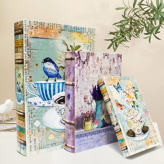 Decorative Book Box Set of 3, Trinket Keepsake Greeting Card Storage Box, Flower Bird Pattern Vintage Coffee Table Decoration, Graduation Gift Idea