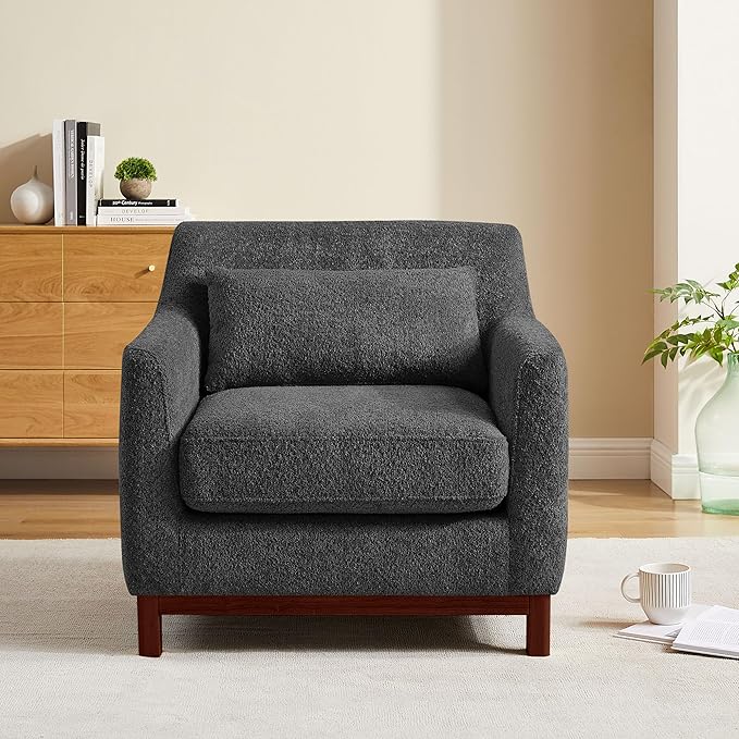 Extra Deep Accent Chair, Comfy Fabric Armchair with Wood Base, Upholstered Single Sofa Chair for Living Room & Bedroom, Boucle Dark Gray
