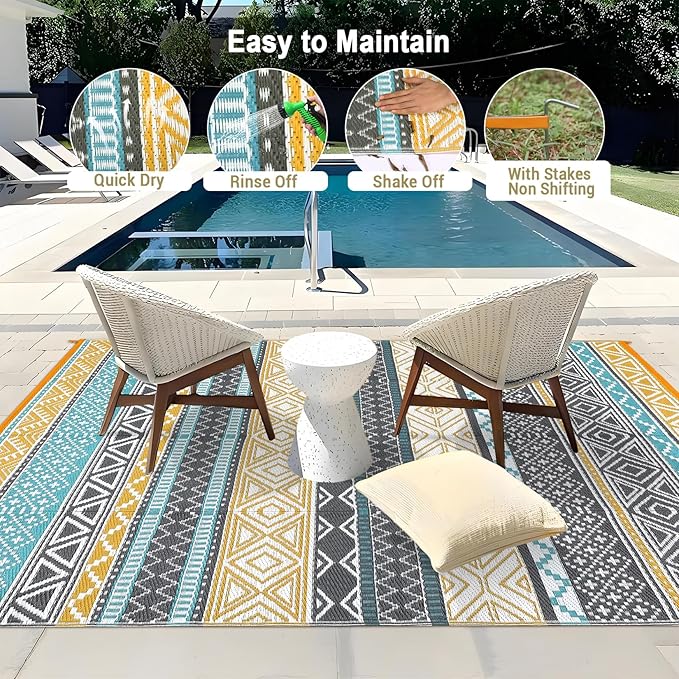 GAOMON Outdoor Rug Waterproof 8'x10', Reversible Outdoor Plastic Straw Rug, Boho Patio Rug, Indoor Outdoor Carpet, RV Mat Outside for Patio, Camp, Picnic, Balcony, Deck, Teal/Yellow(Bohemia)