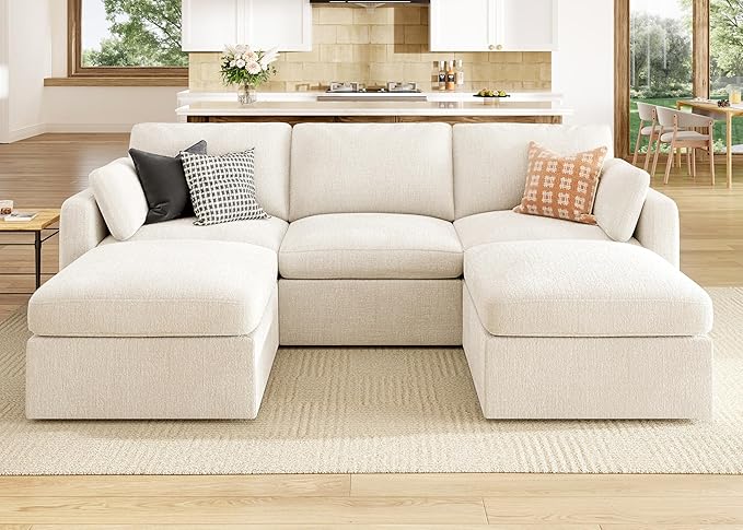 HONBAY Sectional Couch with Storage Seats, Modular Sectional Sofa with Storage Ottoman, U Shaped Sectional Couches for Living Room,Beige