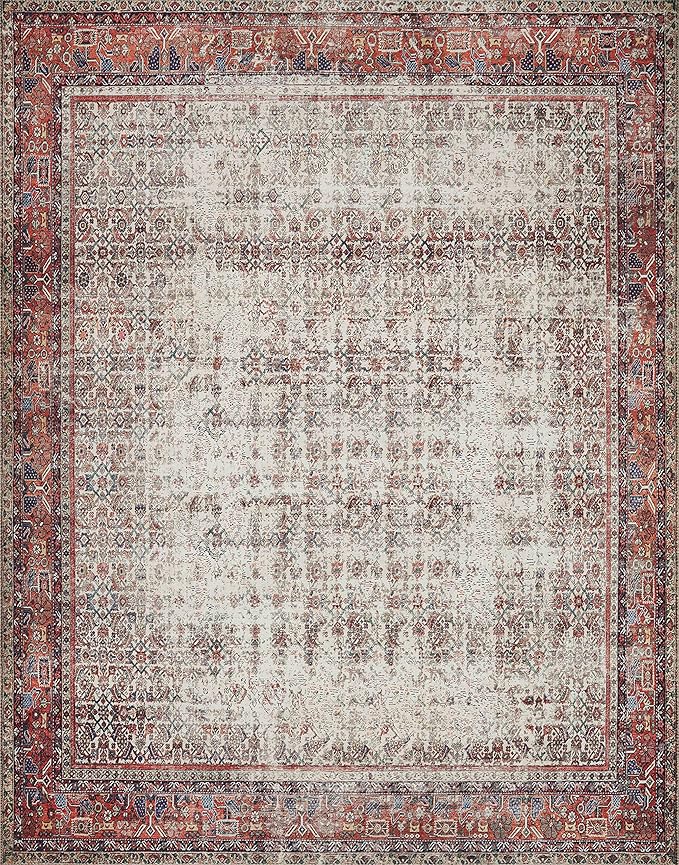 Loloi Layla Collection LAY-12 Ivory/Brick 2'-6" x 7'-6" .13" Thick Runner Rug, Soft, Durable, Vintage Inspired, Distressed, Low Pile, Non-Shedding, Easy Clean, Printed, Living Room Rug