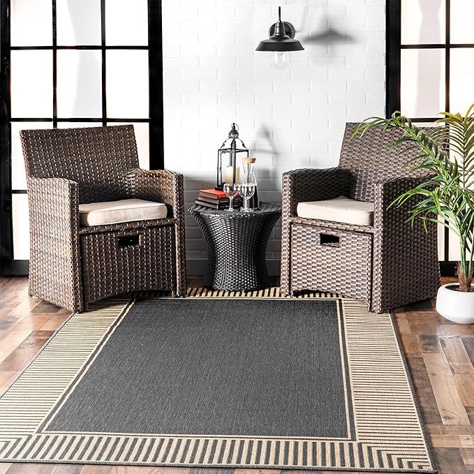 nuLOOM 8' x 10' Outdoor Area Rug, Casual Design With Striped Border, Stain Resistant, Highly Durable, For Patio, Balcony, Bedroom, Living Room, Dining Room, Bathroom, Dark Grey