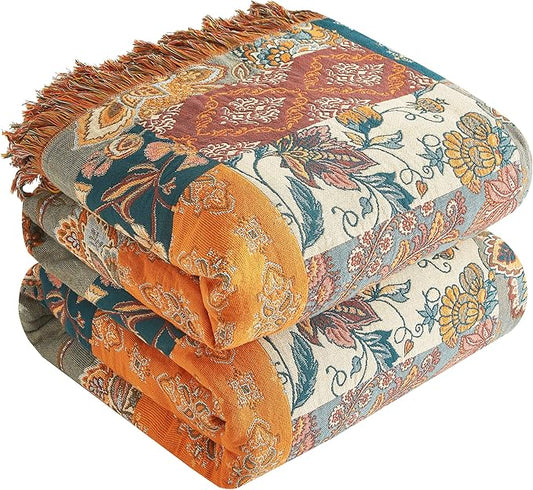 Boho Throw Blanket for Bed 80”x90”, 100% Cotton Woven Blanket for Couch Sofa, Ultra Soft 4-Layer Muslin Quilt with Patchwork Floral Printed, Farmhouse Bed Blanket/Cover for Living Room Decor