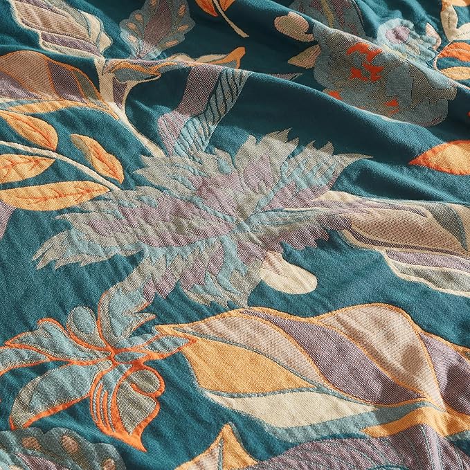 Boho Throw Blanket for Bed 60”x80”, 100% Cotton Woven Blanket for Couch Sofa, Ultra Soft 4-Layer Muslin Quilt with Floral Printed, Farmhouse Bed Blanket/Cover for Living Room Decor