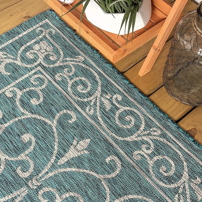 JONATHAN Y Vintage Filigree Indoor Outdoor Area Rug 8X10 Teal/Gray, Charleston Textured Weave for Backyard, Patio, Porch, Easy-Cleaning, High Traffic, Pet-Friendly, Non-Shedding (SMB106F-8)