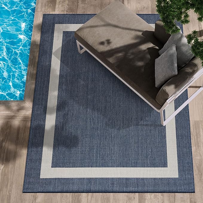 CAMILSON Outdoor Rug 9x12, Large Modern Outside Rugs for Patios Porches Waterproof Durable Washable Non-Shedding, Easy-to-Clean Indoor Outdoor Area Carpet (9 x 12, Bordered - Blue/White)