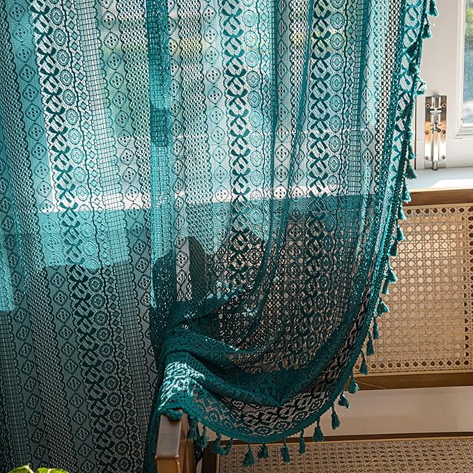 Sutuo Home Boho Curtains 108 inches Long for Bedroom Living Room Patio Doorway, Crochet Lace Sheer Bohemian with Tassels,Window Treatment Drapes, Single 1 Panel 59" W x 108" L, Turquoise