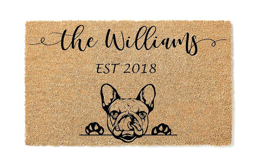 French Bulldog Coconut Coir Personalized Doormat, Frenchie Custom Welcome Mat, Housewarming Gift, Last Name Door Mat, Closing Gift, Dog Lover Entryway Rug 1172