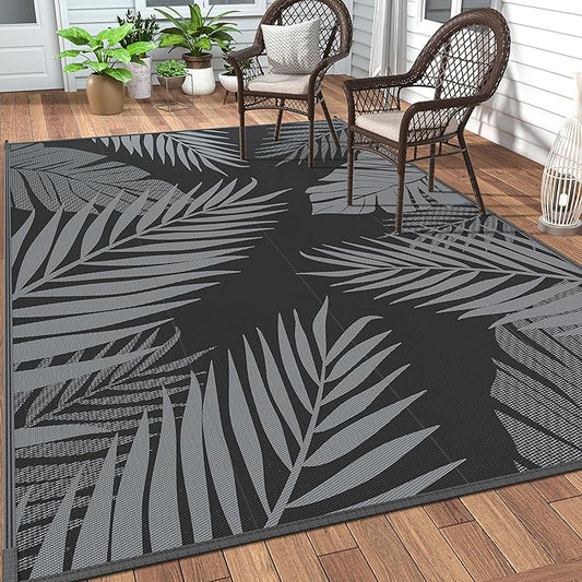 GENIMO Outdoor Rug 5' x 8' Waterproof for Patios Clearance, Reversible Outdoor Plastic Straw Camping Rug Carpet, Large Area Rugs Mats for RV, Picnic, Backyard, Deck, Balcony, Porch, Beach, Black&Grey