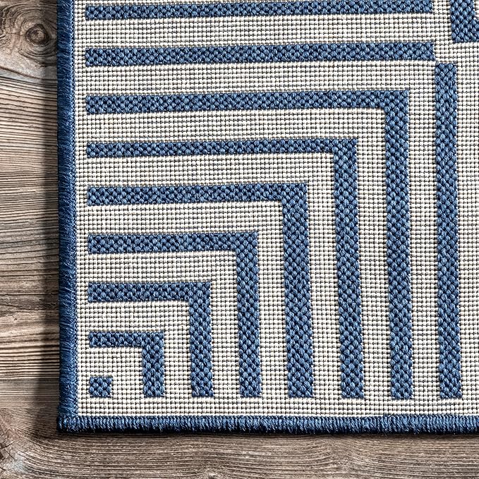 nuLOOM 6' 7" x 9' Outdoor Area Rug, Casual Design With Striped Border, Stain Resistant, Highly Durable, For Patio, Balcony, Bedroom, Living Room, Dining Room, Bathroom, Navy