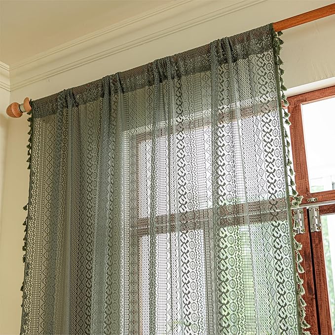 Sutuo Home Olive Green Boho Curtains 84 inches Long for Bedroom Living Room, Crochet Lace Sheer Bohemian Hollow Geometry Knitted Handmade Tassels, Privacy Vintage Farmhouse, 1 Panel 59" W x 84" L