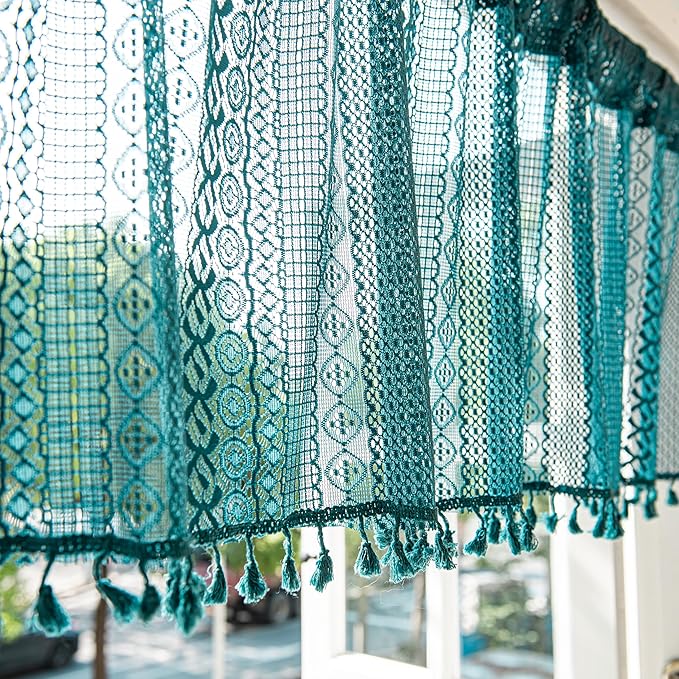 Sutuo Home Boho Valance Curtains for Kitchen Crochet Lace Sheer Bohemian Hollow Knitted with Tassels, Privacy Vintage Rustic Farmhouse Drapes, Rod Pocket 1 Panel 59" W x 18" L, Turquoise