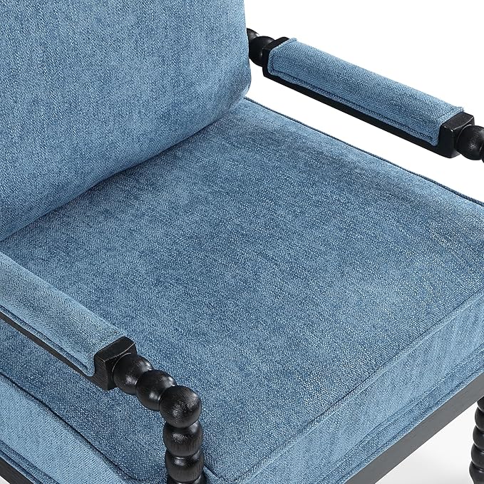 DUHOME Linen Fabric Spindle Accent Chair with Wood Frame,Modern Accent Spool Chairs with Padded Spring Seat and Brushed Blue Base for Living Room Bedroom Farmhouse Home Office Belcony