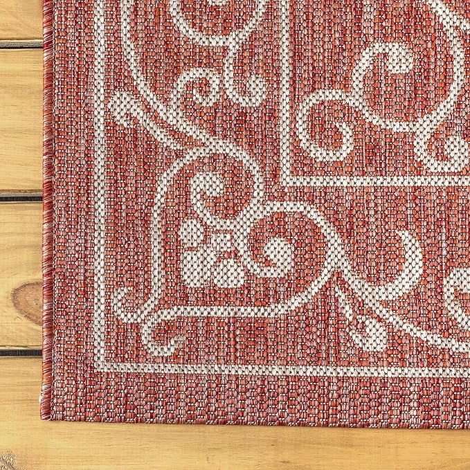 JONATHAN Y Vintage Filigree Indoor Outdoor Round Area Rug 8 Ft Red/Beige, Charleston Textured Weave for Backyard, Patio, Porch, Easy-Cleaning, High Traffic, Pet-Friendly, Non-Shedding (SMB106B-8R)