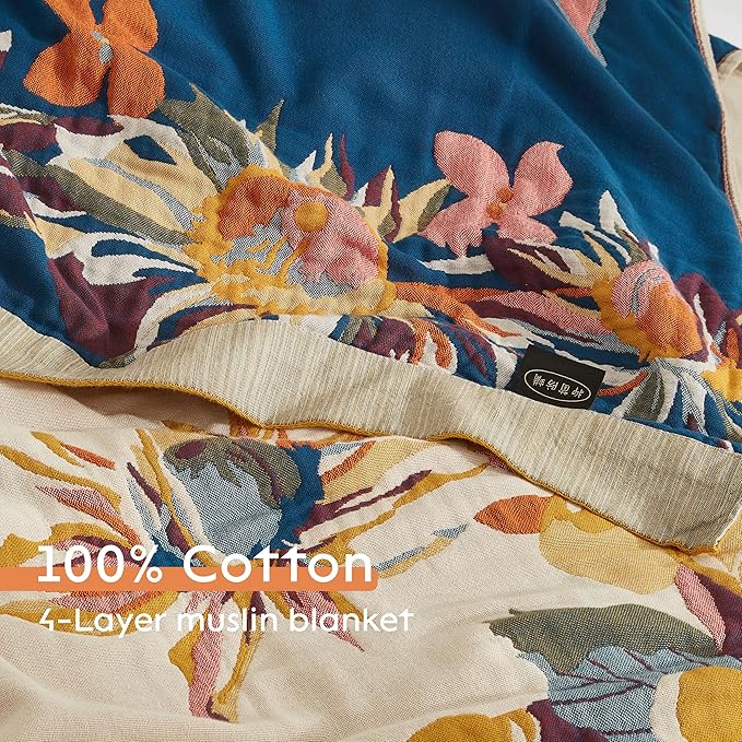 Boho Throw Blanket for Bed 60”x80”, 100% Cotton Woven Blanket for Couch Sofa, Ultra Soft 4-Layer Muslin Quilt with Floral Printed, Farmhouse Bed Blanket/Cover for Living Room Decor