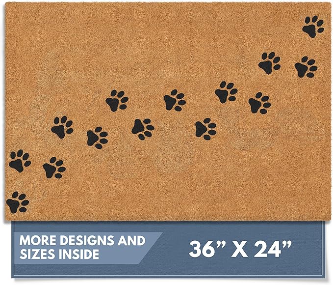 Barnyard Designs Natural Coco Coir Heavy Duty Backing Doormat - Large Cute Non-Slip Front Door Welcome Mat for Outside Entrance or Porch Entry, Brown (24x36, Paws)