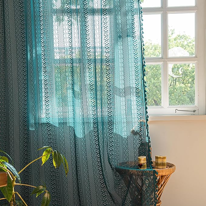 Sutuo Home Turquoise Boho Curtains 90 inches Long for Bedroom Living Room Dining Room, Crochet Lace Sheer Bohemian Hollow with Tassels, Country Window Treatment Drapes, 1 Panel 59" W x 90" L