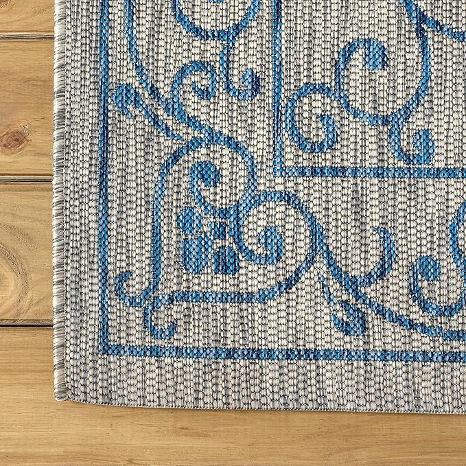 JONATHAN Y Vintage Filigree Indoor Outdoor Runner Rug 2X8 Gray/Navy, Charleston Textured Weave for Backyard, Patio, Porch, Easy-Cleaning, High Traffic, Pet-Friendly, Non-Shedding (SMB106C-28)