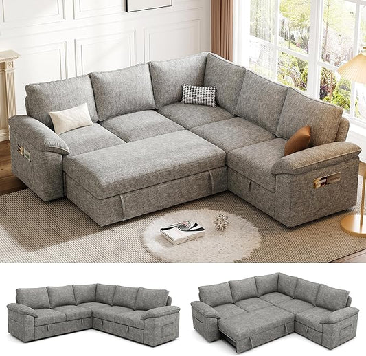 85 Inch Modular Sectional Sofa with Pull Out Bed,L Shaped 5 Seat Sectional Sleeper Sofa with Storage,Sectional Couches for Living Room,Cloud Modular Couch,Removable Sofa Cover,Light Gray
