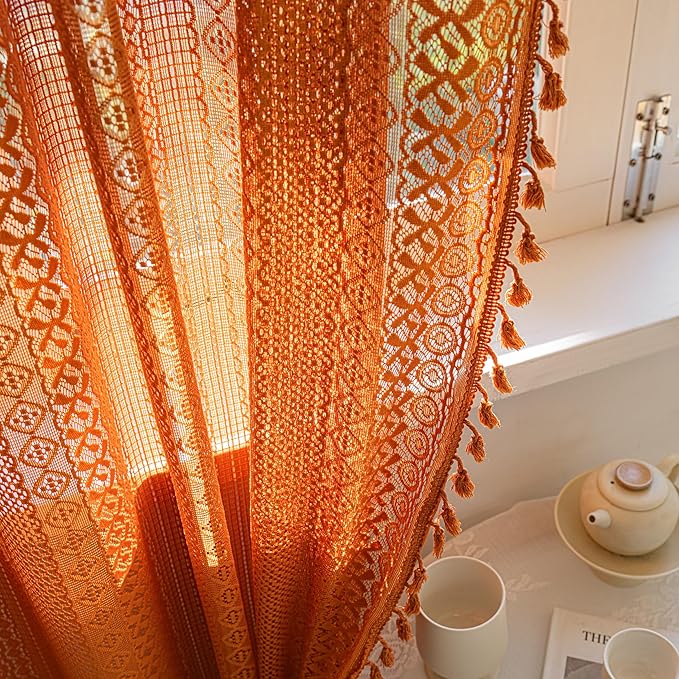 Sutuo Home Burnt Orange Boho Curtains 90 inches Long for Bedroom Living Room, Terracotta Crochet Lace Sheer Bohemian Knitted with Fringes,Window Treatment Drapes, Rod Pocket 1 Panel 59" W x 90" L
