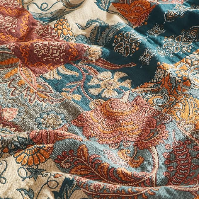 Boho Throw Blanket for Bed 60”x80”, 100% Cotton Woven Blanket for Couch Sofa, Ultra Soft 4-Layer Muslin Quilt with Patchwork Floral Printed, Farmhouse Bed Blanket/Cover for Living Room Decor