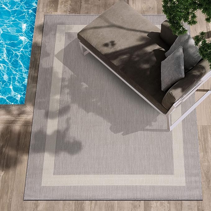 CAMILSON Outdoor Rug 9x12,Large Modern Outside Rugs for Patios Porches Waterproof Durable Washable Non-Shedding, Easy-to-Clean Indoor Outdoor Area Carpet (9 x 12, Bordered - Gray/White)