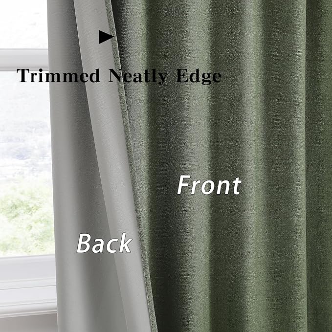 RAIN CITY Dark Olive Green Blackout Curtains Linen 80 Inches Long 2 Panels Set, Back Tab Pleated Look Thermal Insulated Curtains & Drapes for Living Room - Loden/Olive Forest W50 x L80