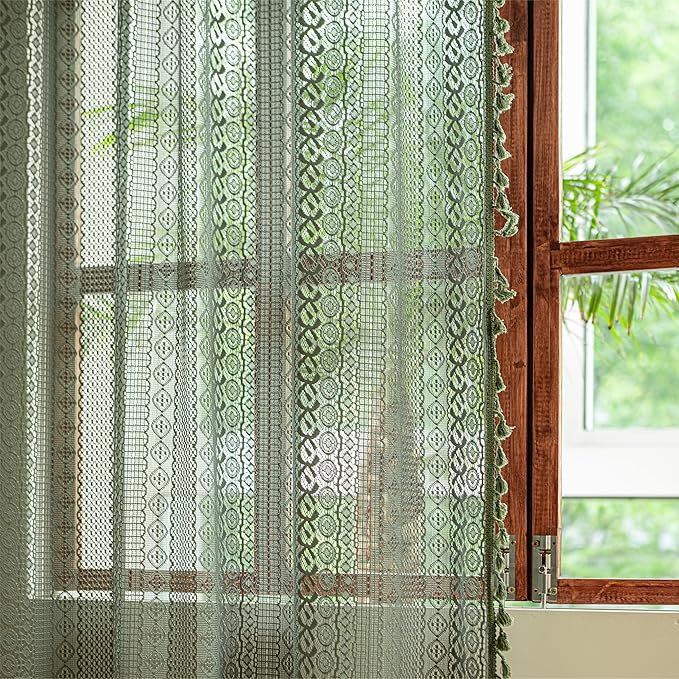 Sutuo Home Olive Green Boho Curtains 84 inches Long for Bedroom Living Room, Crochet Lace Sheer Bohemian Hollow Geometry Knitted Handmade Tassels, Privacy Vintage Farmhouse, 1 Panel 59" W x 84" L