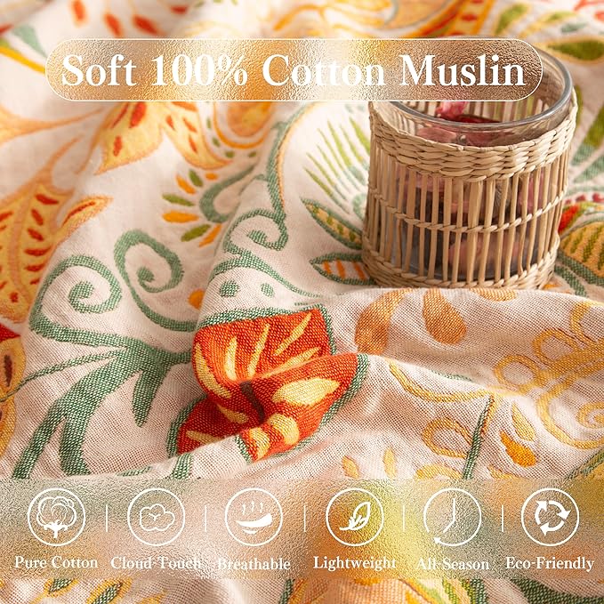Boho Throw Blanket Queen Size, Oversized Soft Cozy Cotton Muslin Quilt Blanket for Bed Decor, Floral Patterned Couch Sofa Chair Cover, Vintage Farmhouse Cottage Woven Blanket, Coral&Green
