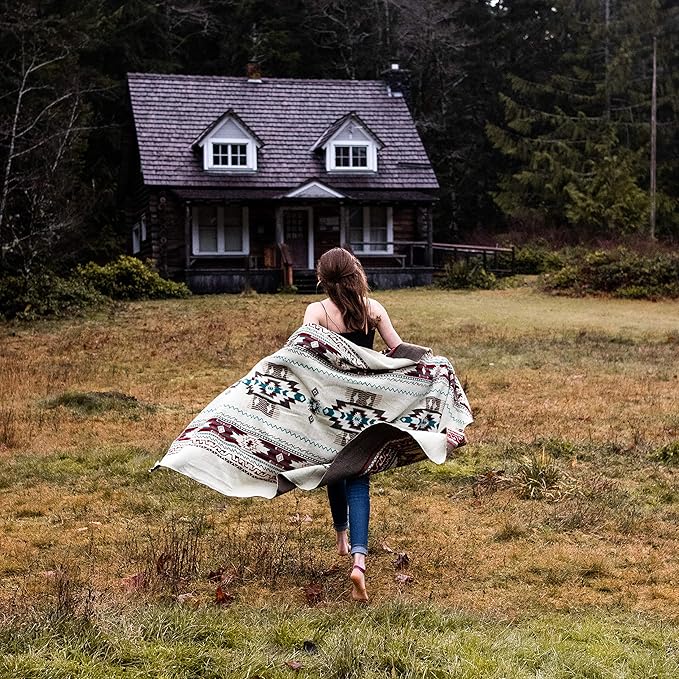 Inca Aztec Throw, Queen, King Blanket | Southwest Indian Navajo Boho Style | Native Cover for Camping, Bedding, Couch, Vanlife | Faux Alpaca, Lightweight, Hypoallergenic (Chimborazo Beige, Queen)