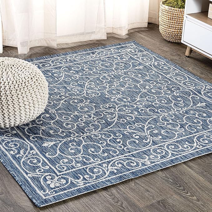 JONATHAN Y Vintage Filigree Indoor Outdoor Square Area Rug 5X5 Navy/Gray, Charleston Textured Weave for Backyard, Patio, Porch, Easy-Cleaning, High Traffic, Pet-Friendly, Non-Shedding (SMB106D-5SQ)
