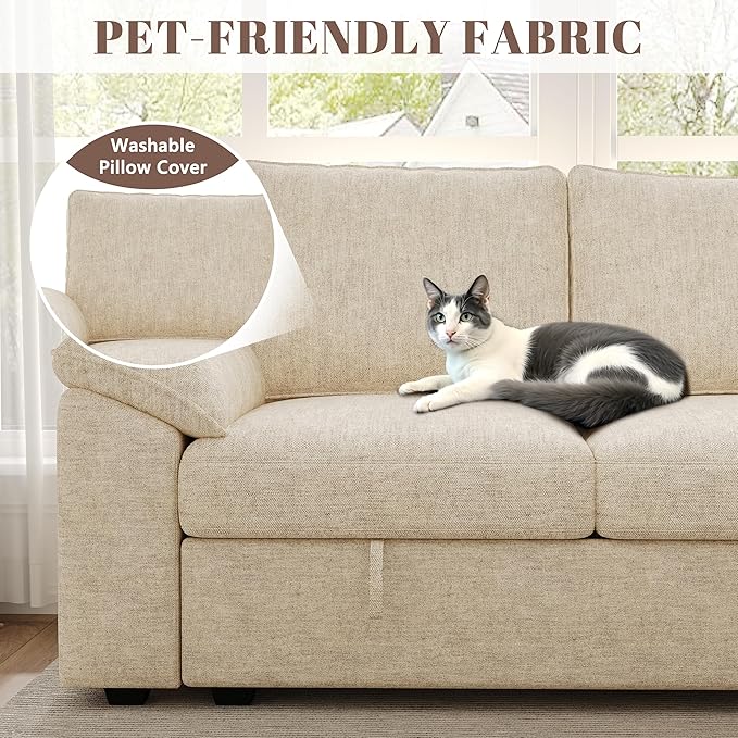 85 Inch Sectional Sleeper Sofa with Pull Out Bed,L Shaped 5 Seat Modular Sectional Sofa with Storage,Sectional Couches for Living Room,Cloud Modular Couch,Removable Sofa Cover,Beige