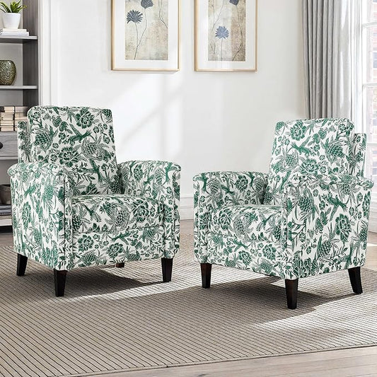 Floral Accent Chair Set of 2, High Back Upholstered Armchair with Solid Wooden Legs, Padded Armrest and Removable Comfortable Cushioned Seat Single Sofa for Living Room, Bedroom, Green