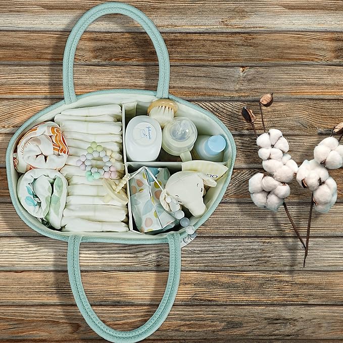 Large Baby Diaper Caddy Organizer for Girl Boy Rope Nursery Storage Bin Basket Portable Holder Tote Bag for Changing Table Car Travel Baby Shower Gifts Newborn Essentials Registry Must Have Green