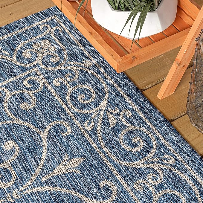 JONATHAN Y Vintage Filigree Indoor Outdoor Area Rug 10X14 Navy/Gray, Charleston Textured Weave for Backyard, Patio, Porch, Easy-Cleaning, High Traffic, Pet-Friendly, Non-Shedding (SMB106D-14)